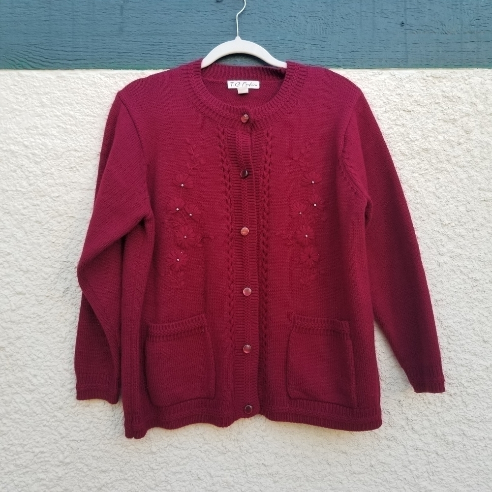 TC Fashions dark red knit cardigan with floral faux pearl embroidery large